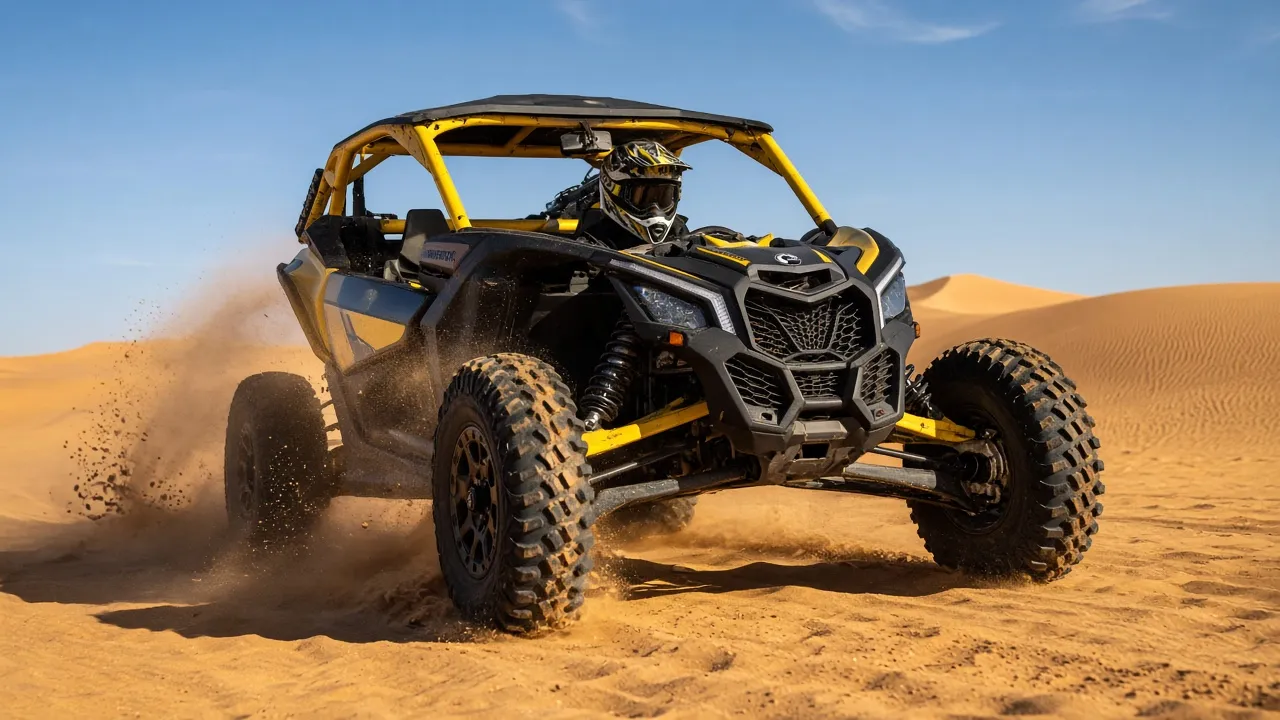 Can-Am Maverick X3 2-seater dune buggy on red dunes, Dubai