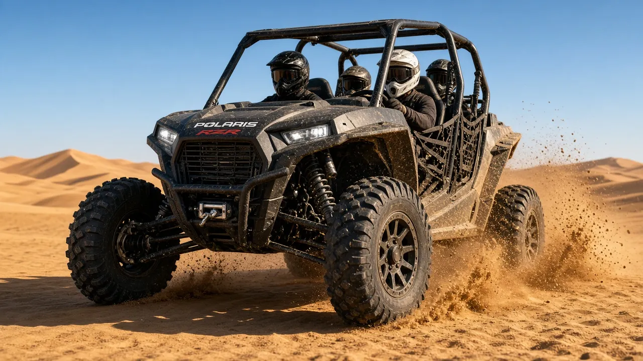 Polaris RZR 4-seater dune buggy with riders in Lahbab, Dubai