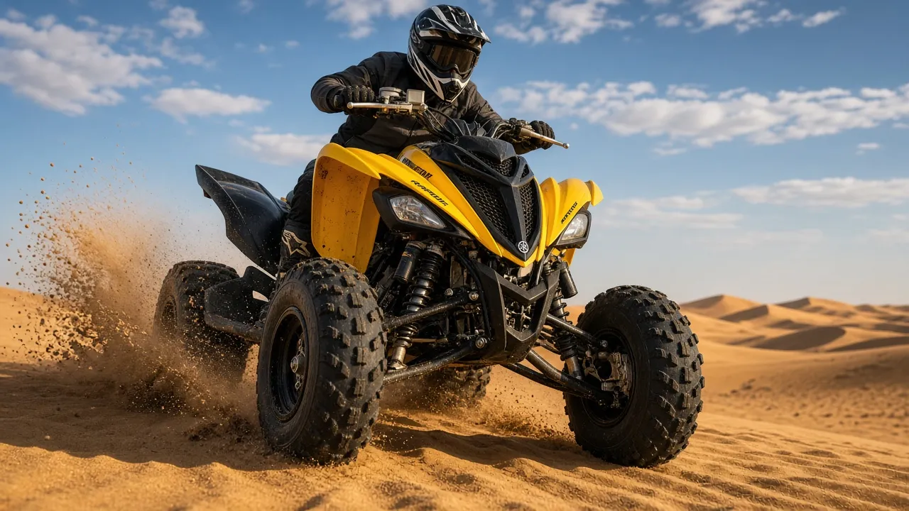 Yamaha Raptor 700R sport quad kicking up sand in Dubai